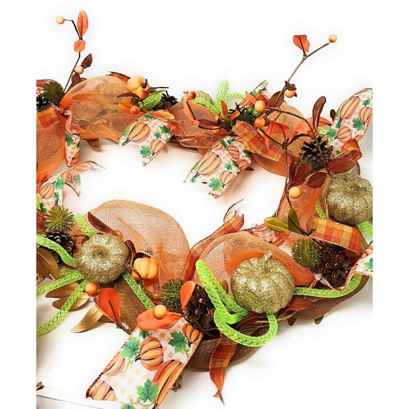 6' Fall Leaf and Pumpkin Handmade Garland with Brown, Orange and Green Ribbon - Picture 4 of 8